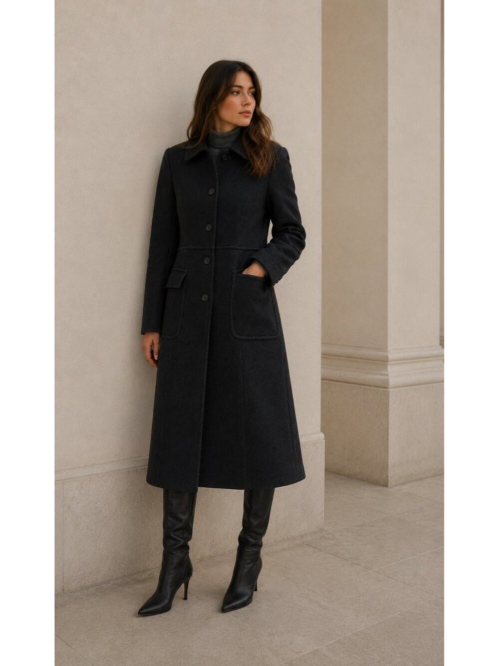 Theory Theory Black Wool Blend Textured Long Coat Women Petite P Double Breasted